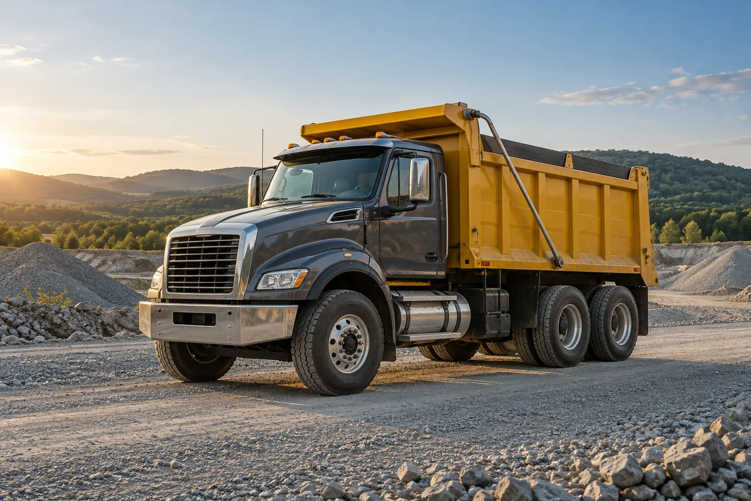 Illustration of a yellow dump truck on a gravel road beside aggregate piles and green hills