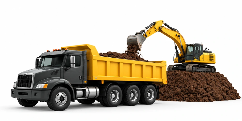 Excavator on top of a topsoil stockpile loading the yellow bed of a graphite dump truck