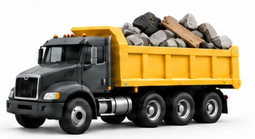 Haul-Off & Disposal: graphite dump truck with yellow bed and three rear axles