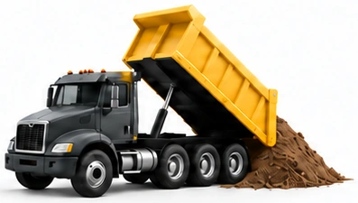 Material Delivery: graphite dump truck with yellow bed and three rear axles