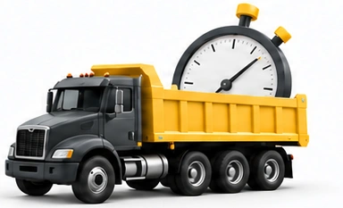 Hourly Truck Rental: graphite dump truck with yellow bed and three rear axles